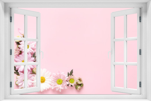 Fototapeta Naklejka Na Ścianę Okno 3D - Beautiful chamomile flowers on color background, flat lay with space for text