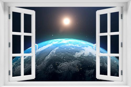 Fototapeta Naklejka Na Ścianę Okno 3D - Planet Earth and sun. The sun is rising over World shading atmosphere, shading night to day 3D rendering.