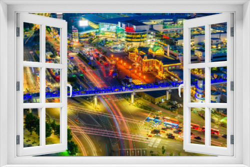 Fototapeta Naklejka Na Ścianę Okno 3D - High angle view at night in front of Seoul railway station March 2018 with long-haired light car beautiful view of Seoul, South Korea