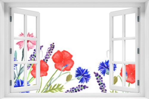 Fototapeta Naklejka Na Ścianę Okno 3D - Watercolor painted wedding invitation. Cornflower, lavender, sweet pea  and poppy flowers pattern