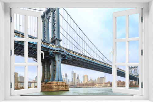 Fototapeta Naklejka Na Ścianę Okno 3D - Manhattan bridge close with lower Manhattan from Brooklyn side in New York, NY, USA