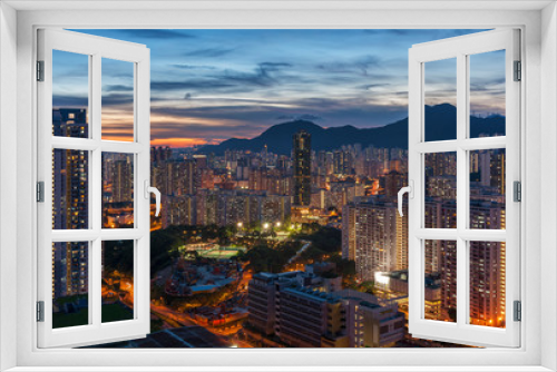 Fototapeta Naklejka Na Ścianę Okno 3D - Panorama of Hong Kong City skyline and Lion Rock Hill at dusk