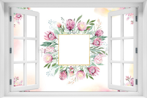 Fototapeta Naklejka Na Ścianę Okno 3D - Hand drawing isolated watercolor floral frame with protea rose, leaves, branches and flowers. Bohemian gold crystal frame. Elements for greeting wedding card.