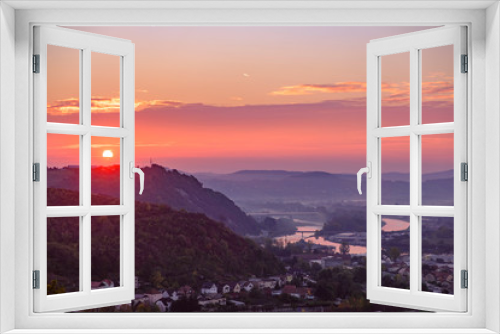 Scenic aerial view of sunrise in old historic touristic town Maribor in Slovenia