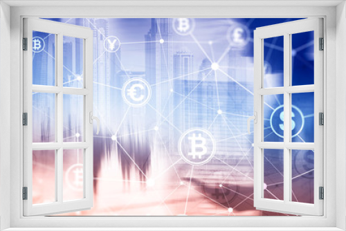 Double exposure Bitcoin and blockchain concept. Digital economy and currency trading.
