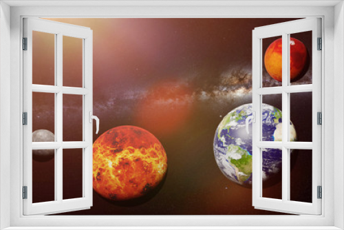 Fototapeta Naklejka Na Ścianę Okno 3D - the rocky inner planets, Mercury, Venus, Earth and Mars with the Milky Way galaxy