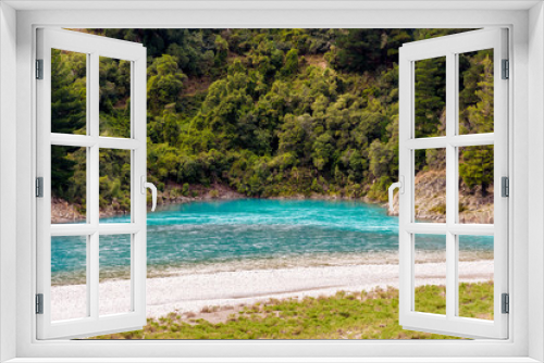 Fototapeta Naklejka Na Ścianę Okno 3D - Crystal clear turquoise glacier fresh water flowing at the bend of Rakaia River at Rakaia Gorge Valley, Canterbury, New Zealand