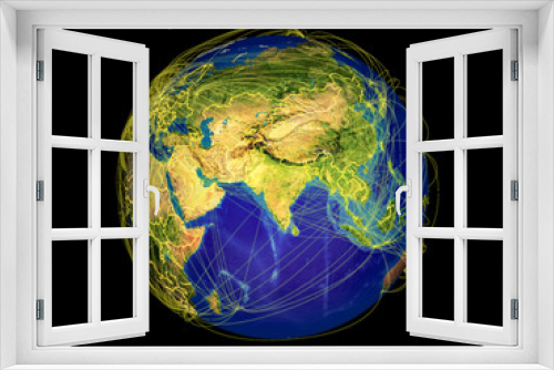 Fototapeta Naklejka Na Ścianę Okno 3D - South Asia from space on Earth with country borders and lines representing international communication, travel, connections.