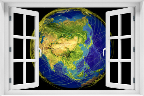 Fototapeta Naklejka Na Ścianę Okno 3D - East Asia from space on Earth with country borders and lines representing international communication, travel, connections.