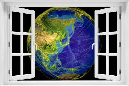 Fototapeta Naklejka Na Ścianę Okno 3D - Japan and Korea from space on Earth with country borders and lines representing international communication, travel, connections.