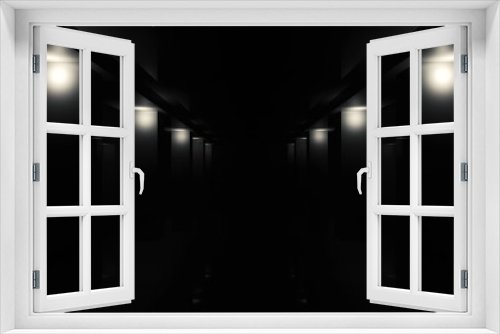 Fototapeta Naklejka Na Ścianę Okno 3D - Empty dark wall background, concrete floor neon light, laser beams, smoke, fog, night