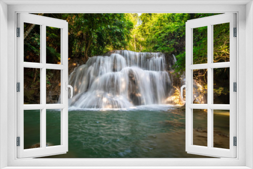 Fototapeta Naklejka Na Ścianę Okno 3D - Beautiful of Huai Mae Khamin waterfall at Kanchanaburi, Thailand with tree forest background. Waterfall Floor 3 