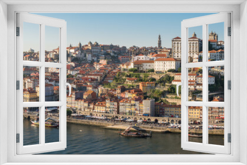 Fototapeta Naklejka Na Ścianę Okno 3D - Panorama of the historical part of Oporto, the district Ribeira and the famous Dom Luis I Bridge, seen from the city Vila Nova de Gaia