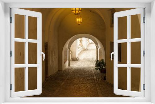 The corridor to Cloak Bridge view from IIIrd courtyard inside Cesky Krumlov Castle, Czech