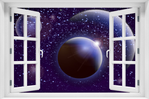 Fototapeta Naklejka Na Ścianę Okno 3D - Deep space background. Universe with planets and bright stars. Effects of halo light on a dark background, flashes of light. Vector illustration.