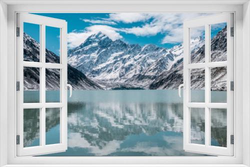 Fototapeta Naklejka Na Ścianę Okno 3D - Beautiful view of Mount Cook and the reflection on the hooker lake after a snowy day.