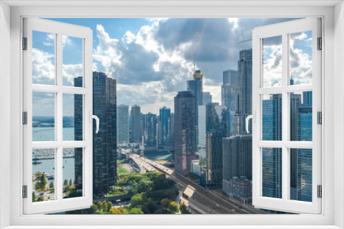 Fototapeta Naklejka Na Ścianę Okno 3D - Chicago skyline aerial drone view from above, lake Michigan and city of Chicago downtown skyscrapers cityscape, Illinois, USA
