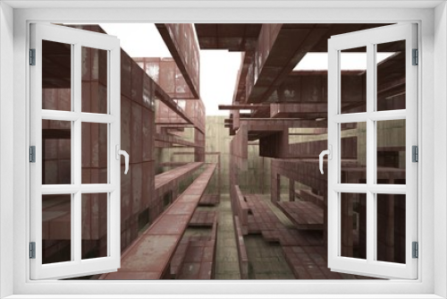 Fototapeta Naklejka Na Ścianę Okno 3D - Empty abstract room interior of sheets rusted metal and beige concrete. Architectural background. 3D illustration and rendering