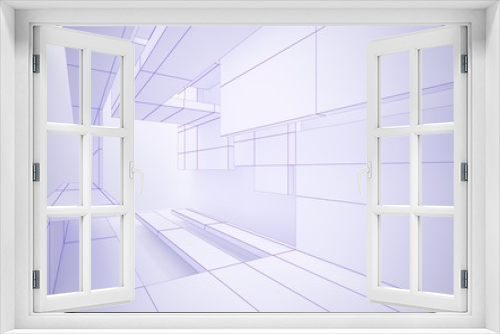 Fototapeta Naklejka Na Ścianę Okno 3D - Abstract white interior highlights future. Polygon violet drawing. Architectural background. 3D illustration and rendering