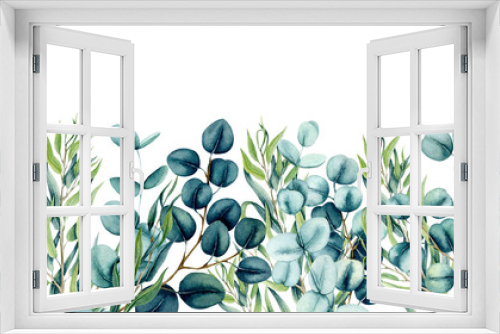 Fototapeta Naklejka Na Ścianę Okno 3D - Seamless Border of Watercolor Eucalyptus Leaves