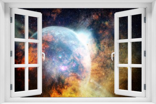 Fototapeta Naklejka Na Ścianę Okno 3D - Artistic Abstract Glowing Foggy Planet in A Colorful Bright Galaxy Background