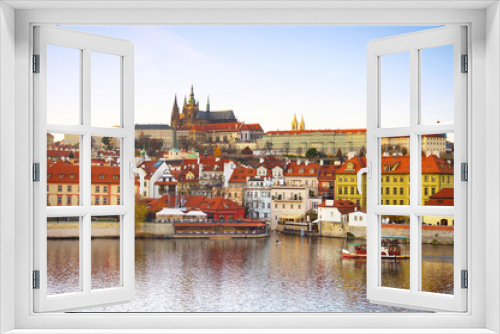 Fototapeta Naklejka Na Ścianę Okno 3D - Prague Castle, Vltava river boat