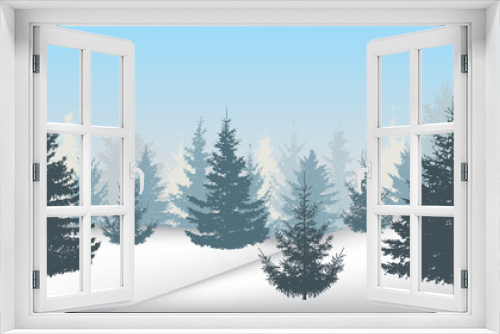 Fototapeta Naklejka Na Ścianę Okno 3D - Silhouette of winter snowy forest, beautiful spruce trees (fir trees). Vector illustration