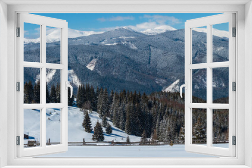 Fototapeta Naklejka Na Ścianę Okno 3D - Winter snowy mountains, and lone farmstead