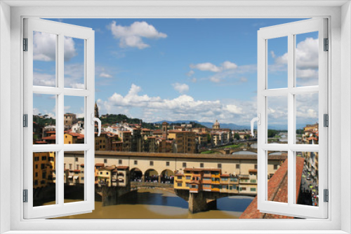 Fototapeta Naklejka Na Ścianę Okno 3D - Florence Italy view on old bridge Ponte Vecchio at Arno river. Beautiful cloudy sky.