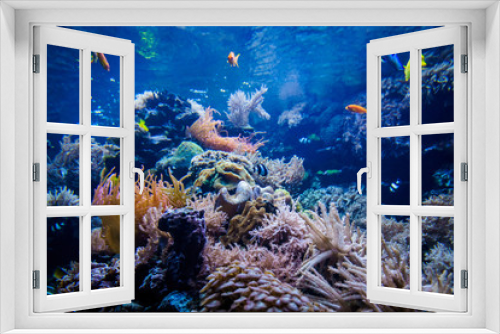 Fototapeta Naklejka Na Ścianę Okno 3D - Colorful coral reef with fish and stone