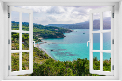 Fototapeta Naklejka Na Ścianę Okno 3D - Beautiful panoramic view over beach of Elba island and the sea with emerald water. Tuscany, Italy