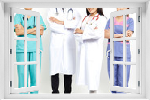 Medical workers on wall background