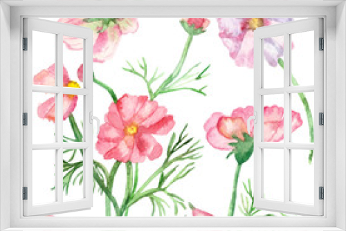 Fototapeta Naklejka Na Ścianę Okno 3D - Watercolor banner delicate pink flowers on green stems with needle leaves with falling petals isolated on white background.