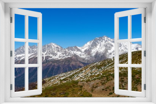 Fototapeta Naklejka Na Ścianę Okno 3D - Beautiful view of mountain range from the peak of Achisho mountain, winter in Sochi, Russia.