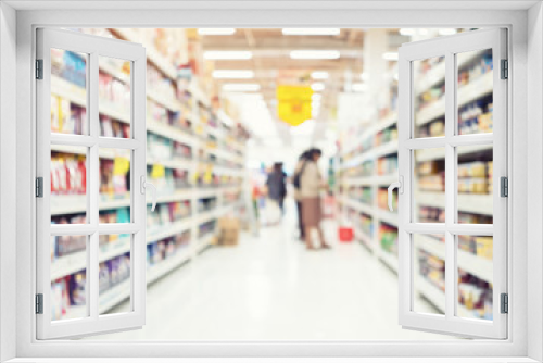 Supermarket or retail store interior or blur background. That is a self-service shop offering grocery and variety of food, beverages and household product on shelf or rack. For shopping background.