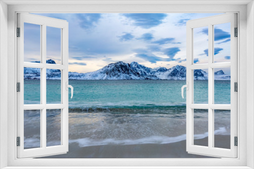 Fototapeta Naklejka Na Ścianę Okno 3D - Norway, Lofoten Islands. Landscape in winter, beach and ocean waves