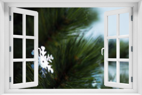 Fototapeta Naklejka Na Ścianę Okno 3D - Big sparkle snowflake on christmas tree brunch with bokeh effect on neutral background