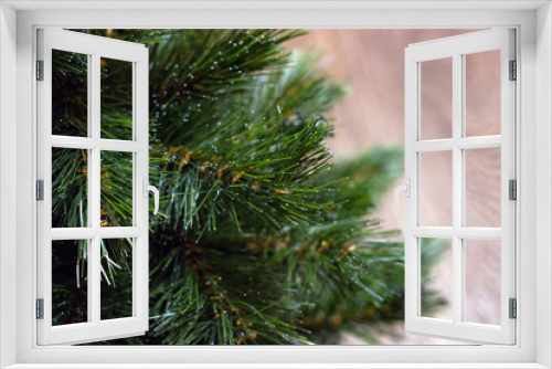 Fototapeta Naklejka Na Ścianę Okno 3D - Christmas tree brunch with bokeh effect on soft background