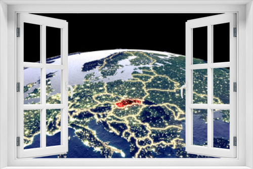 Fototapeta Naklejka Na Ścianę Okno 3D - Slovakia from space on planet Earth at night with bright city lights. Detailed plastic planet surface with real mountains.