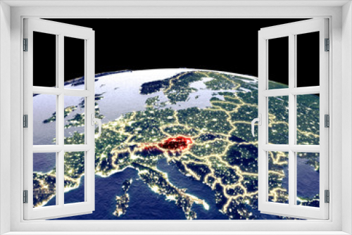 Fototapeta Naklejka Na Ścianę Okno 3D - Austria from space on planet Earth at night with bright city lights. Detailed plastic planet surface with real mountains.
