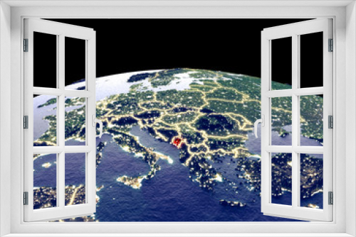 Fototapeta Naklejka Na Ścianę Okno 3D - Montenegro from space on planet Earth at night with bright city lights. Detailed plastic planet surface with real mountains.