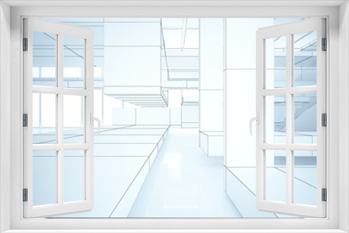 Fototapeta Naklejka Na Ścianę Okno 3D - Abstract drawing white interior multilevel public space with window. 3D illustration and rendering.
