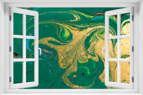 Fototapeta Naklejka Na Ścianę Okno 3D - Gold marbling texture design. Green and golden marble pattern. Fluid art.