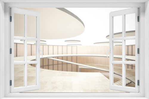 Fototapeta Naklejka Na Ścianę Okno 3D - Abstract  concrete and wood interior multilevel public space with window. 3D illustration and rendering.