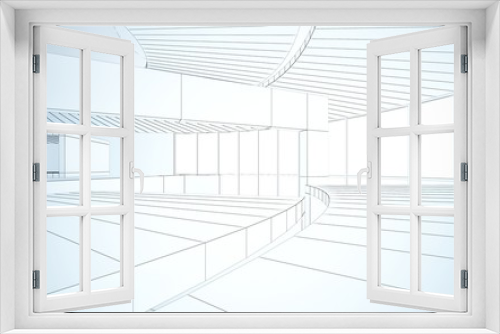 Fototapeta Naklejka Na Ścianę Okno 3D - Abstract drawing white interior multilevel public space with window. 3D illustration and rendering.