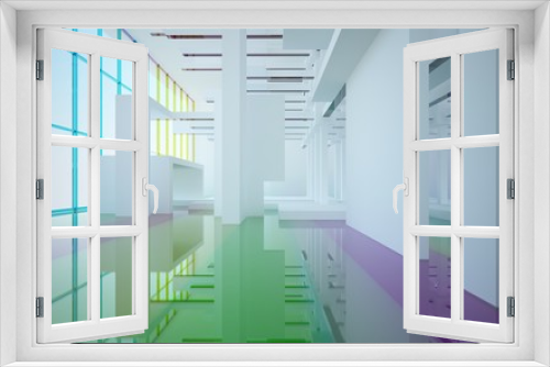 Fototapeta Naklejka Na Ścianę Okno 3D - Abstract white and colored gradient glasses interior multilevel public space with window. 3D illustration and rendering.
