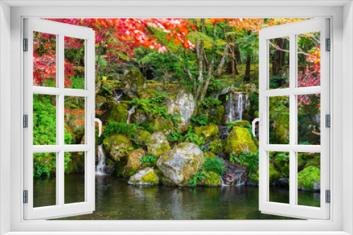 Fototapeta Naklejka Na Ścianę Okno 3D - beautiful autumn scene with waterfall and pond in garden, Japan