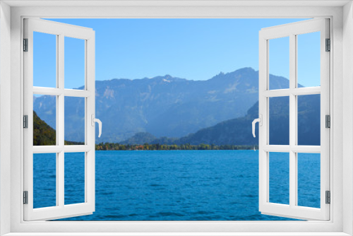 Fototapeta Naklejka Na Ścianę Okno 3D - Panorama view of Lake Thun in the Bernese Oberland region in Switzerland.