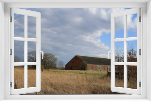 Fototapeta Naklejka Na Ścianę Okno 3D - a barn of an old farm in the countryside in holland with reed beds, grass and trees in winter