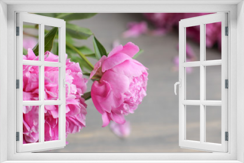 Fototapeta Naklejka Na Ścianę Okno 3D - Flowers composition.  Pink peony flowers on wooden background. Mothers day. Flat lay, top view.
